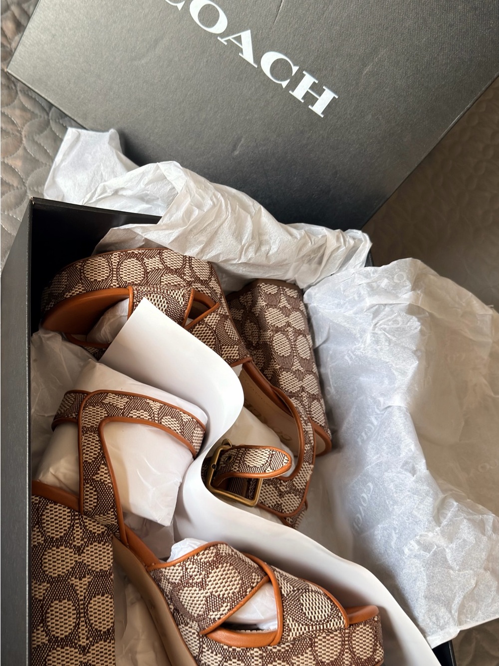 Coach Brown & Cream Canvas Platform Sandals with Ankle Strap - Picture 9 of 10
